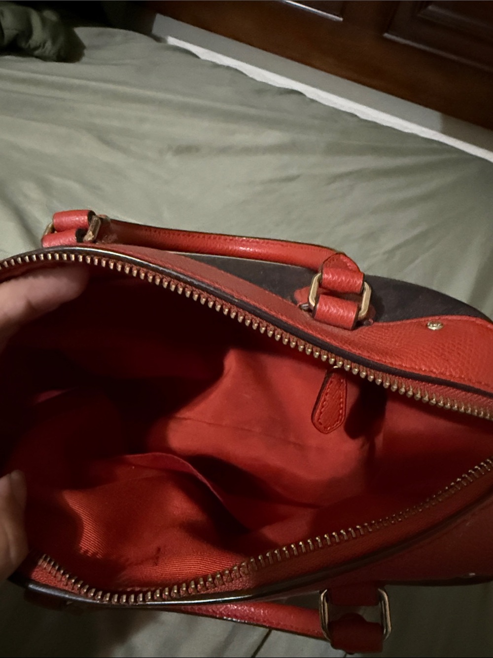 Coach Brown Signature Satchel with Red Trim and Handles - Picture 3 of 5